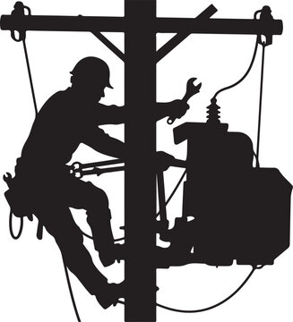 Silhouette of a Lineman Working on an Electrical Utility Pole
