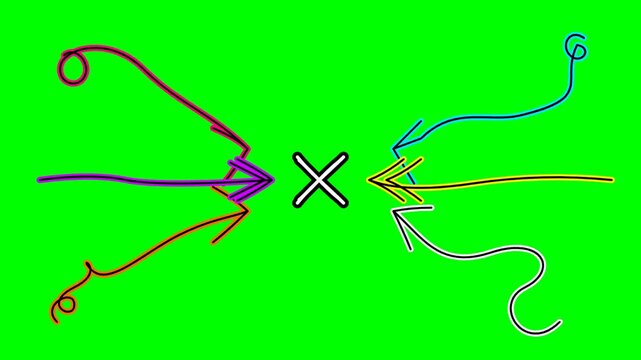 Dynamic convergence and divergence of vibrant abstract lines forming an impactful central point, symbolizing interaction and dispersal on a crisp