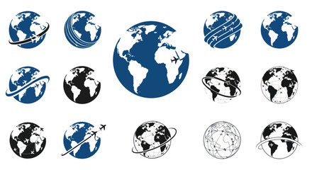 Global Travel Icons: Earth Globes with Airplanes and Orbiting Lines © Duren