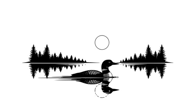 Serene loon vector illustration black and white full moon and forest silhouettes