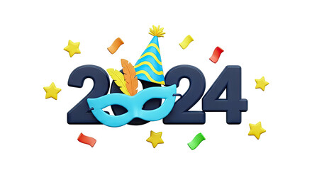 Fototapeta premium Happy New Year 2024 with Party Mask and Confetti