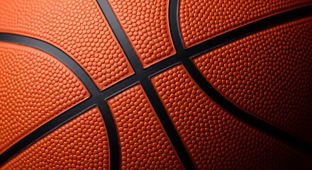 Fototapeta premium Close-up view of the textured surface of an orange basketball with prominent black seams and dimpled pattern.