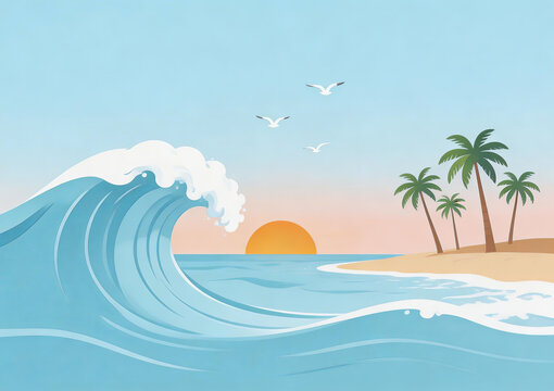Illustrative tropical beach scene with a large ocean wave, palm trees, seagulls, and setting sun. Ideal for vacation and nature-themed projects.