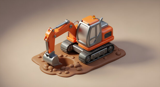 Orange mini excavator vector 3D isometric construction machine