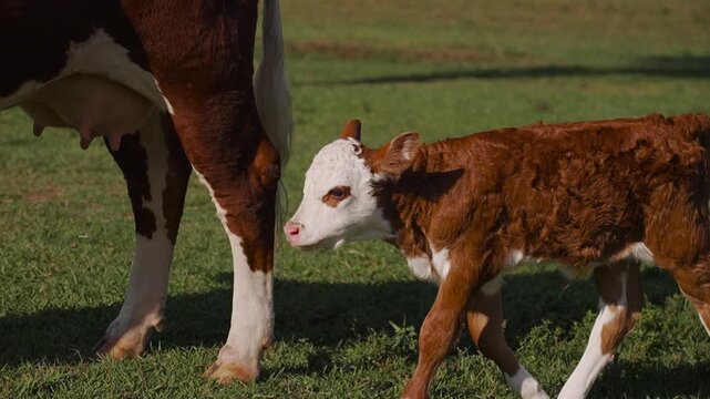 Braford calf walking alongside its mother