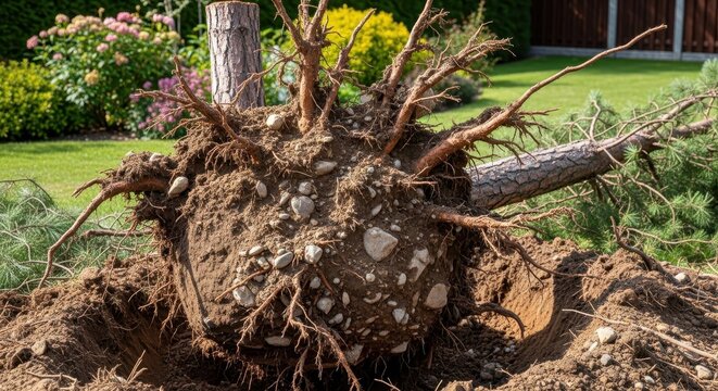 Uprooted Tree Exposing Roots and Soil in a Garden.