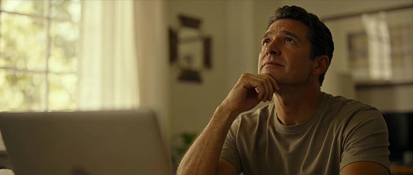 Thoughtful man middle age man male adult casual clothing t shirt home office workspace desk chair laptop computer contemplation remote work window light warm color quiet peaceful atmosphere natural