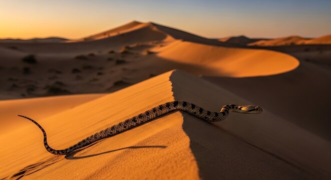 A desert sidewinder snake gracefully navigates a sun-kissed sand dune at dawn or dusk.
