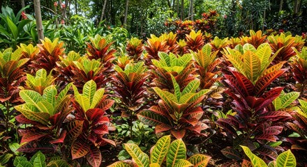 Obraz premium Vibrant Croton Plants Displaying Colorful Foliage in a Garden.