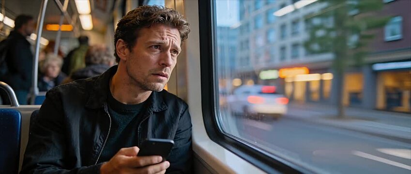 Worried man on public transport with smartphone by tram window on city street, urban commute in evening light with bokeh car reflections, reflective mood and travel stress in casual clothing