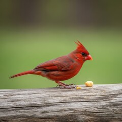 Vibrant Cardinal Perched on Weathered Wood with Green Backdrop.
