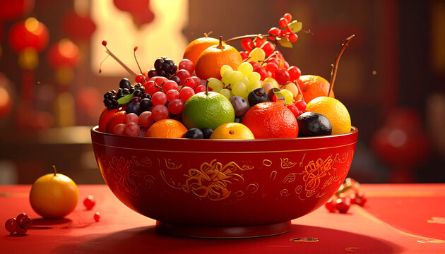 Vibrant fruit bowl display with variety of fresh produce on festive table