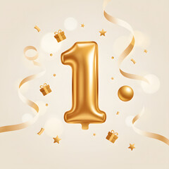 Fototapeta premium Golden number one balloon design, surrounded by glittering confetti, elegant ribbons, and charming gift boxes, ideal for a first anniversary, birthday, or business milestone event