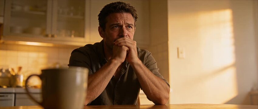 Pensive man worried man kitchen table morning light warm light sitting alone thoughtful expression contemplative mood stress anxiety loneliness warm color coffee mug domestic interior natural light