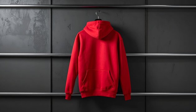 A vibrant red hooded sweatshirt with a kangaroo pocket, hanging on a modern industrial style dark