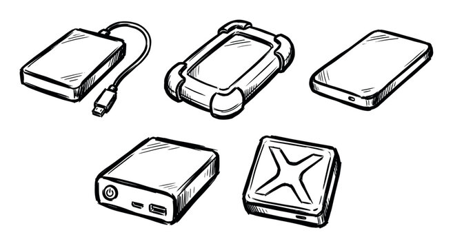Set of hand-drawn illustrations depicting various portable electronic storage devices like external hard drives and power banks.