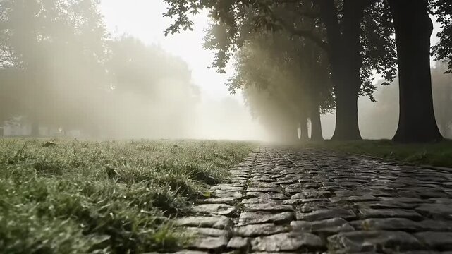 Misty park scene with a cobblestone path bathed in morning light