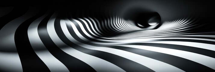Fototapeta premium black and white undulating striped tunnel with a reflective glossy sphere creating a hypnotic surreal atmosphere