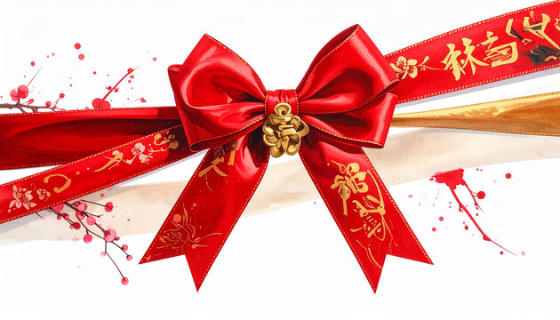 Elegant red bow with gold accents on white background for festive design