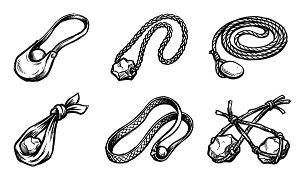 Collection of hand-drawn primitive slings and slingshots with stones, illustrating ancient hunting tools.