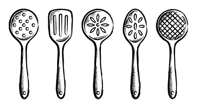 Hand-drawn sketch illustration of various kitchen utensils including slotted spoons and a spatula for cooking.