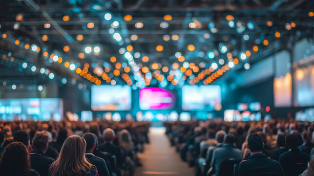Audience at large conference event with blurred stage and colorful lights, crowd attending seminar or live presentation, convention hall atmosphere, corporate gathering and networking scene