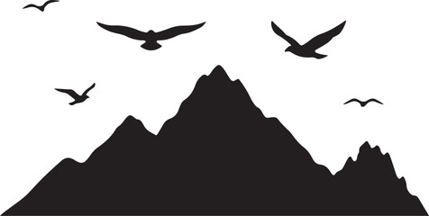Fototapeta premium Black Silhouette of Birds Flying Over Mountain Peaks on White Background