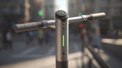 Close-up of an illuminated electric scooter charging port with green indicator light on handlebar in an urban setting.