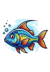Vibrant Cartoon Fish Illustration with Bubbles and Details.