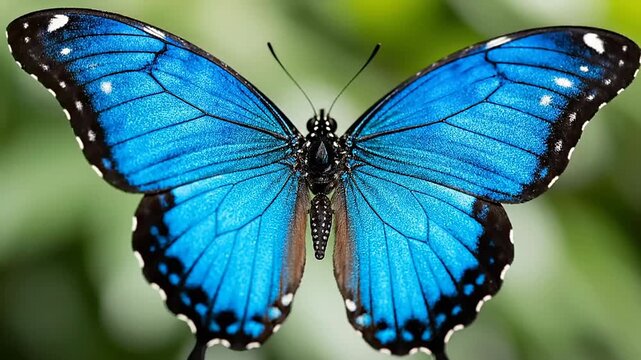 Blue butterfly with open wings in closeup