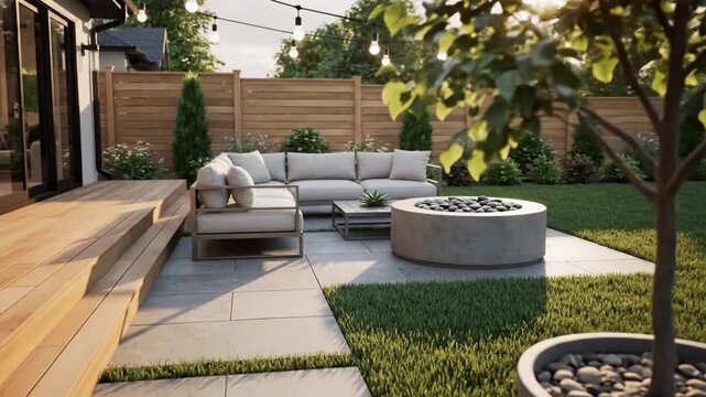 Luxurious backyard patio design with modern sectional sofa, concrete fire pit, and string lights, perfect for outdoor living