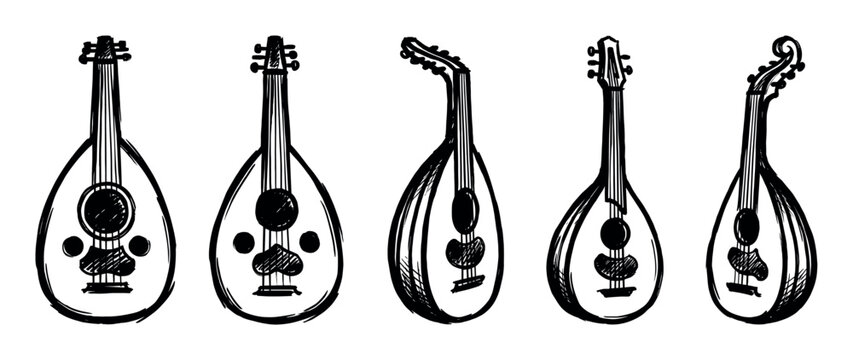 Five hand-drawn oud instruments in a row, showcasing traditional Middle Eastern stringed musical instruments.
