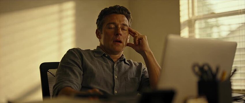 Tired adult male man in office workplace at desk and chair using laptop computer for remote work, serious face and stress from fatigue with sunlight from window