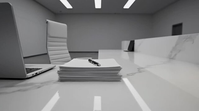 Empty office reception desk with a laptop and papers