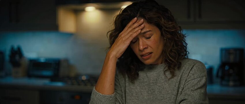 Tired adult woman with curly hair home kitchen night, headache stress anxiety and mental health worries, sad upset tired and worried expression, low light emotional scene, stressed female feeling