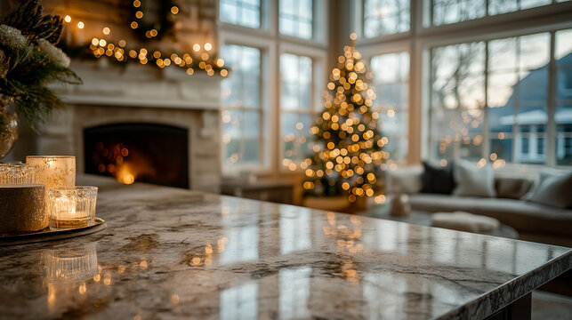 Marble countertop with candles and blurred Christmas tree in cozy living room, warm holiday home interior with fireplace glow, festive winter decoration background and seasonal ambiance