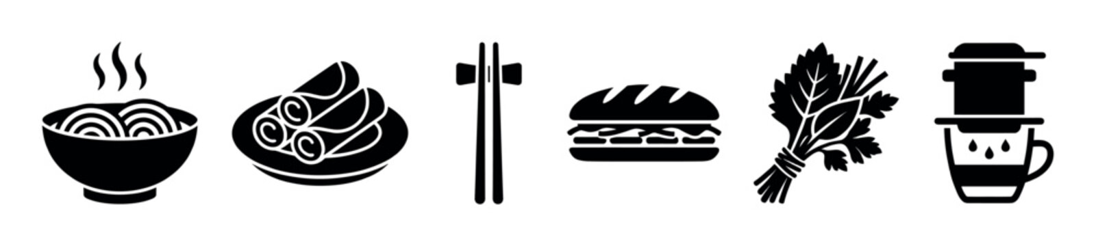 Collection of traditional Vietnamese food and drink icons, including pho, spring rolls, banh mi, and coffee, presented as black silhouettes.