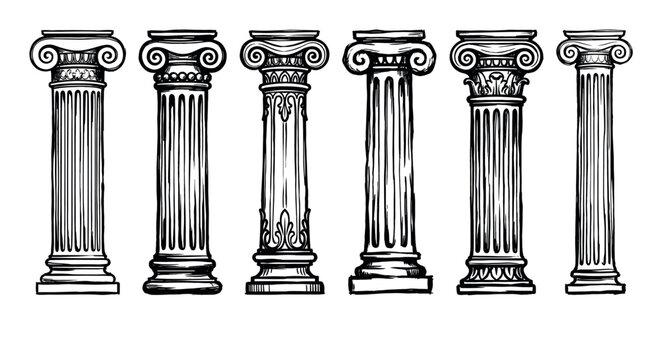 Row of classical architectural columns showcases various historical styles in a detailed sketch.