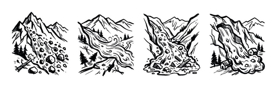 Hand-drawn illustrations depict various mountain natural disasters including rockfalls, landslides, and mudslides cascading down steep slopes.
