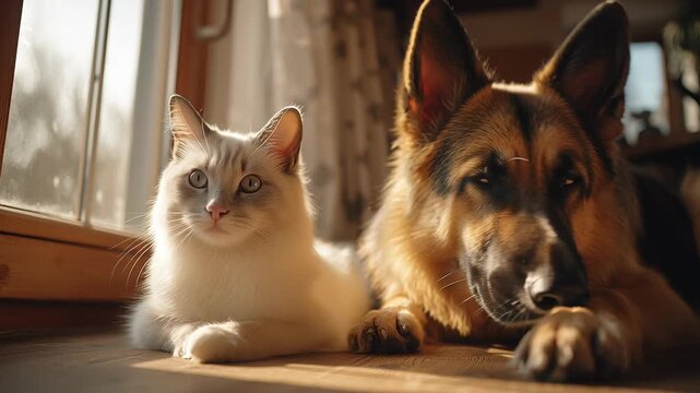 Airy minimal room with a Birman Cat sitting next to a German Shepherd Dog in warm light, Sunlight streams through a window, warming a wooden floor. Cat and a dog sit side by side, gazing calmly 