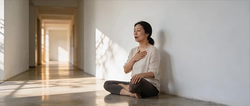 Asian woman meditation calm breathing relaxation, mindfulness practice indoor corridor with natural light, shadow pattern floor, reflection serene mood self care peaceful lifestyle stress relief