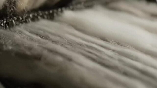 Close-up of Fine Wool Fibers Being Carded