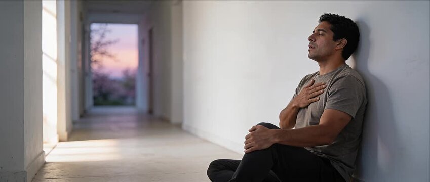Man stress corridor emotional anxiety lonely male mental health depression concept tired person corridor interior evening light breathing exercise casual clothing calm man sitting corridor sunset