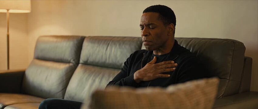Middle aged man adult male with chest pain heart problem and shortness breath health concern and anxiety worried discomfort sofa warm living room indoor scene couch emotional health moment stressed