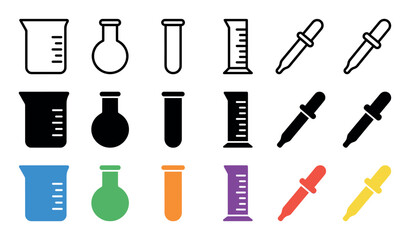Obraz premium Collection of laboratory glassware and pipette icons in outline, solid, and colorful variations for scientific representation.