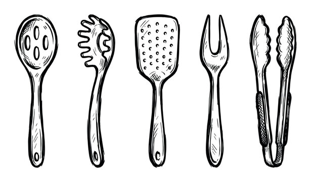 Hand-drawn sketch of various kitchen utensils including a slotted spoon, spaghetti server, spatula, carving fork, and tongs.