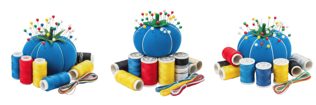 Blue Tomato Pincushion with Colorful Sewing Thread Spools and Needles - Tailoring Set