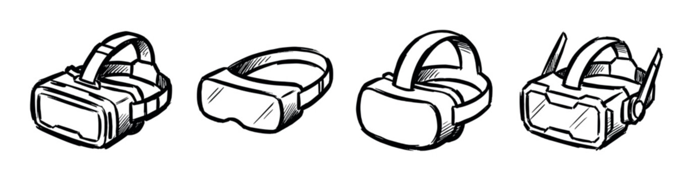 Collection of hand-drawn virtual reality headsets illustrating various designs for immersive digital experiences and gaming.