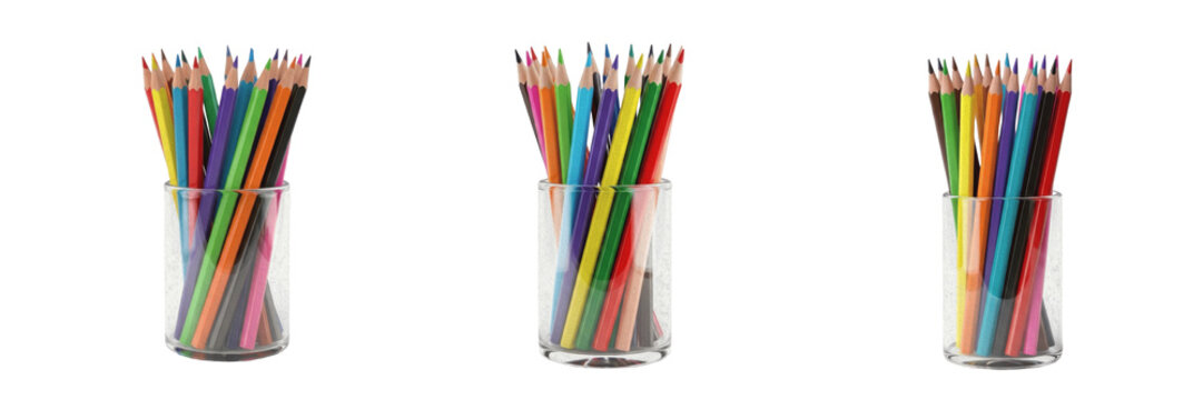 Set of Multicolored Pencils in Glass Cup Isolated on White Background - Back to School Concept