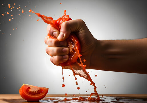 A hand squeezing a tomato causing juice to splash and spill on a wooden surface with a cut piece beside it